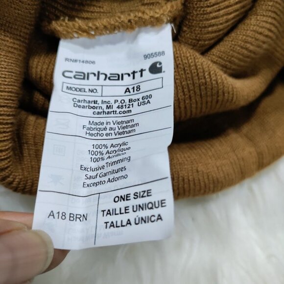 Carhartt Patch Logo Ribbed Knit Cuffed Beanie Brown Men's One Size - Picture 5 of 7